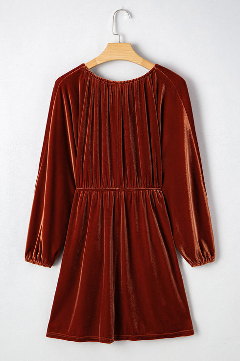 Luxe Velvet V Neck Bishop Sleeve Empire Waist Flared Mini Dress